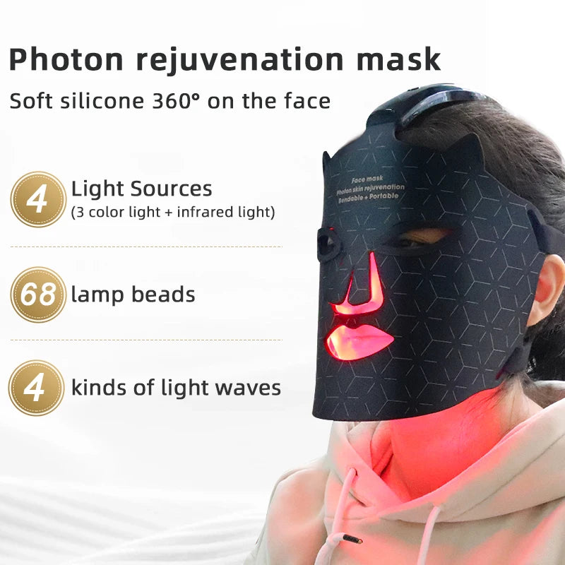 Wireless Silicone Infrared Red Light Therapy Mask Flexible 7 LED Colors Built-In Battery for Face Treatment